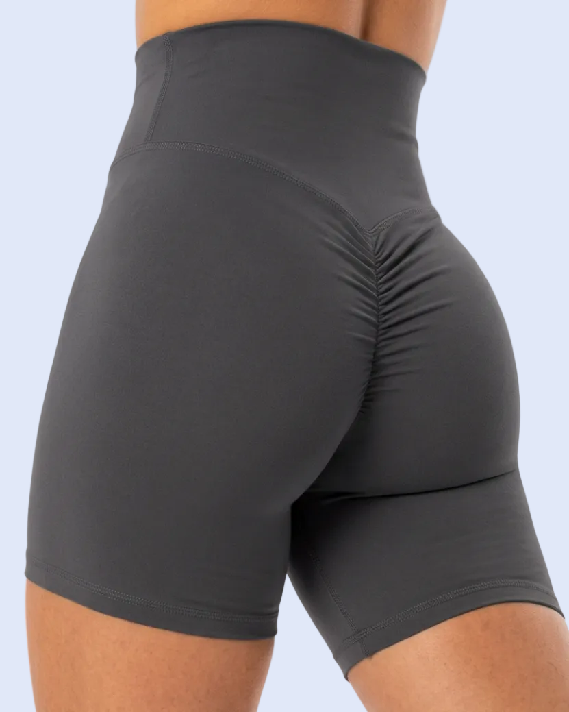 Dark grey scrunch shorts close-up