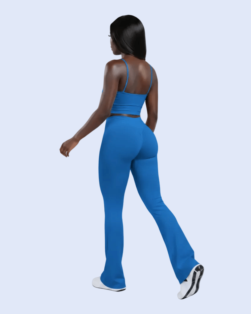 Electric Blue Flare Leggings - Back 3/4 Walk