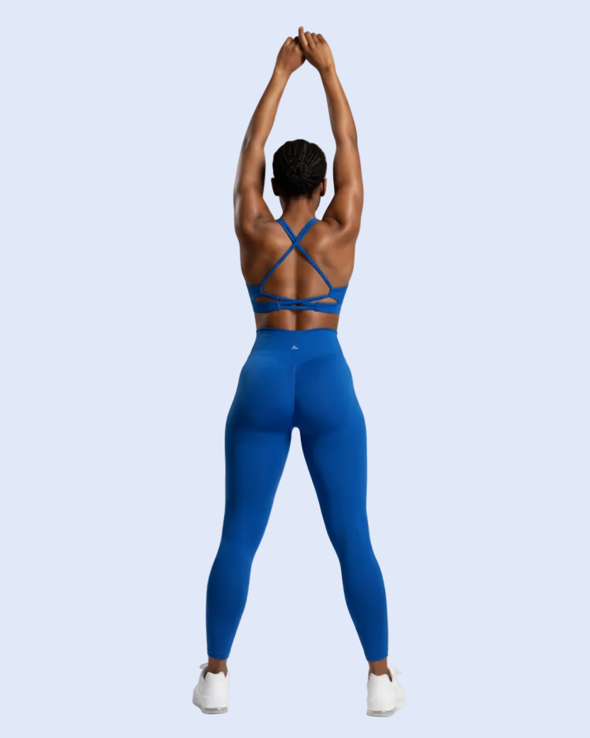 Electric Blue leggings, back three-quarter view