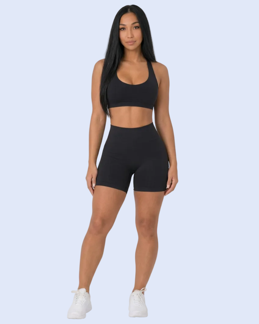 Face-matched black activewear realism refinement