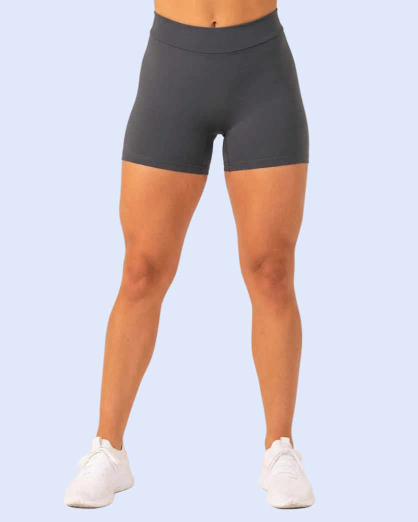 Front hero view of charcoal V-scrunch shorts