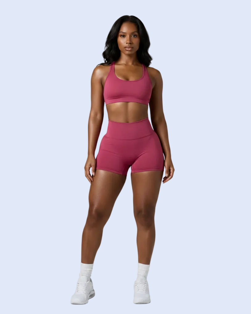 A woman modeling a matching athletic set consisting of a dusty rose pink sports bra and high-waisted shorts, paired with white socks and sneakers, against a solid light blue background.