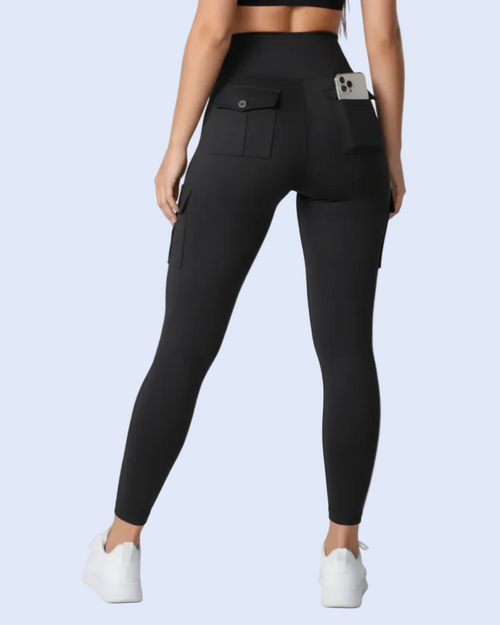 Full back view with high cargo pockets and smartphone