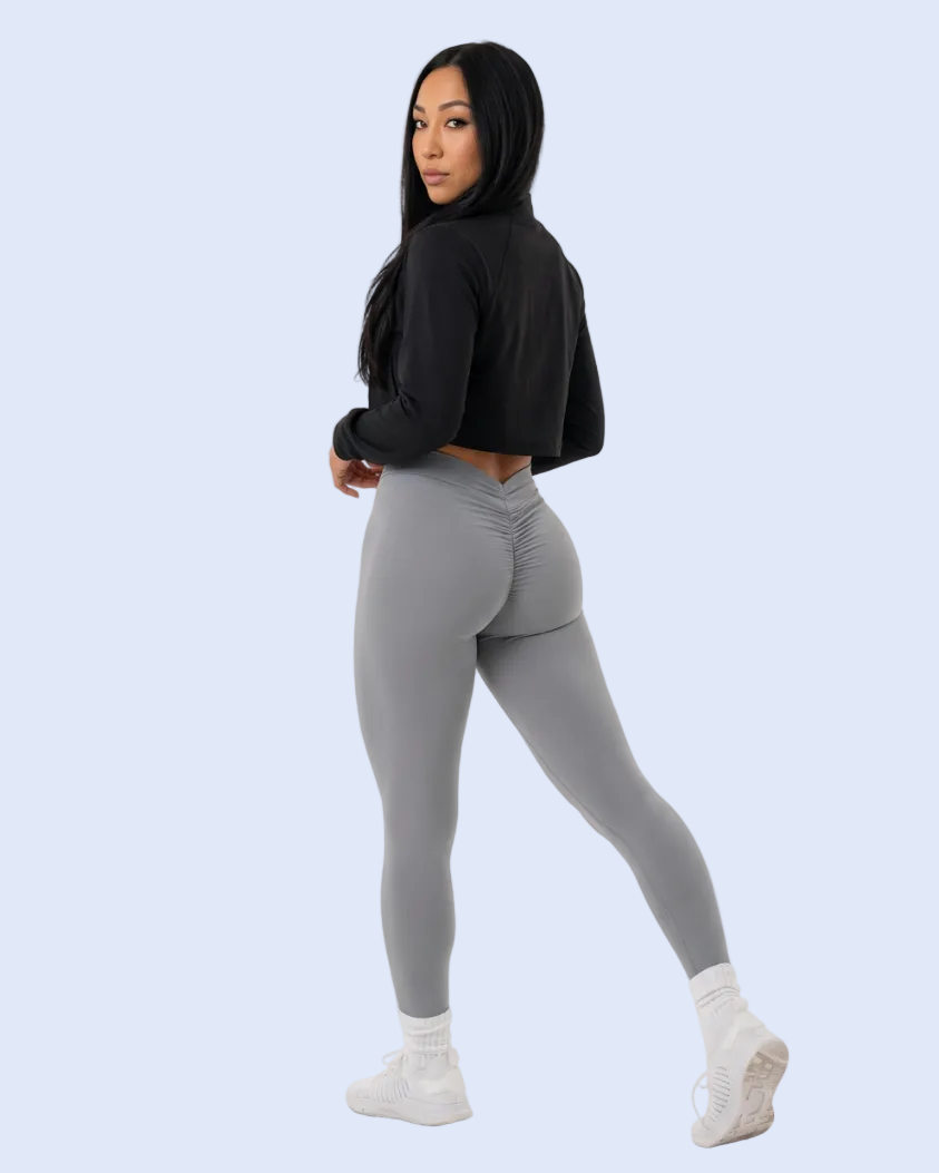 Full-body overcast-grey leggings shot with matching face