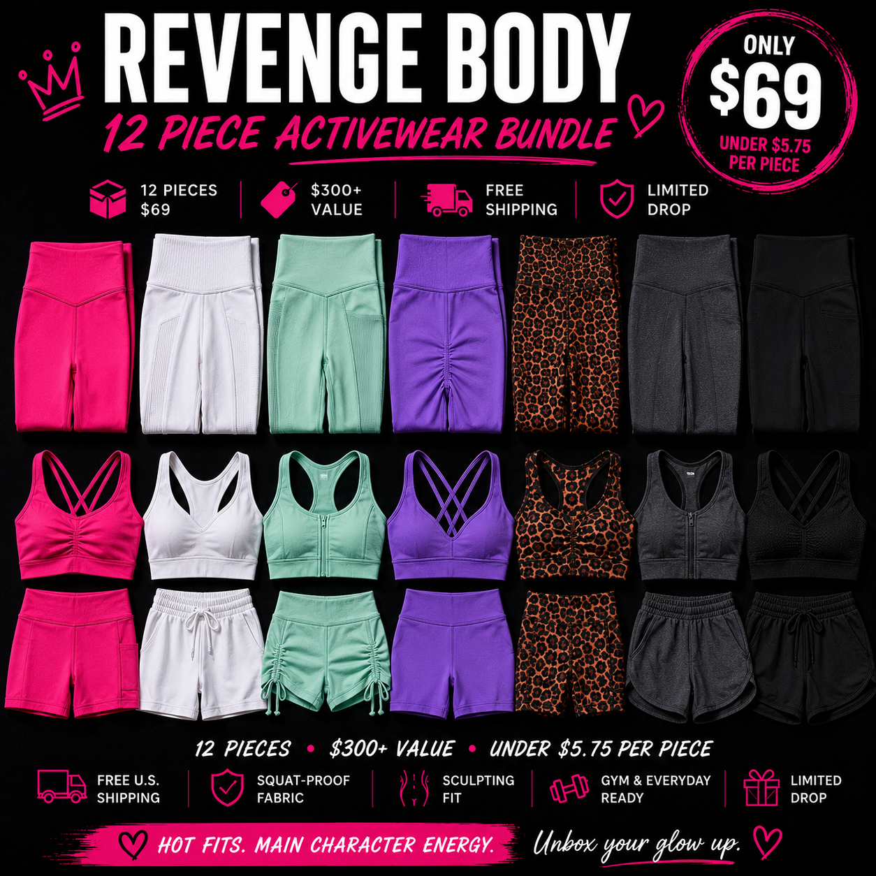 Promotional graphic for 'Revenge Body' 12-piece activewear bundle with various colors and features.