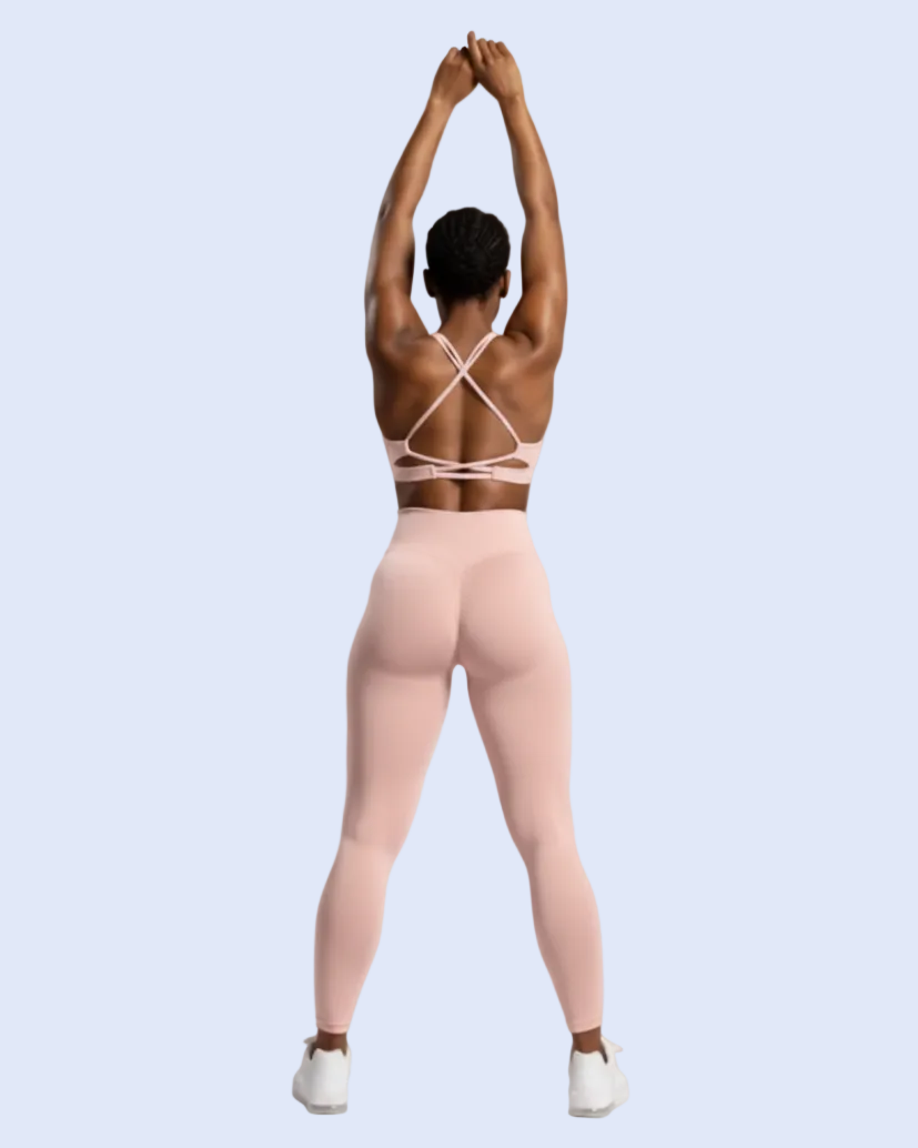 Activewear Pink scrunch leggings, back three-quarter view