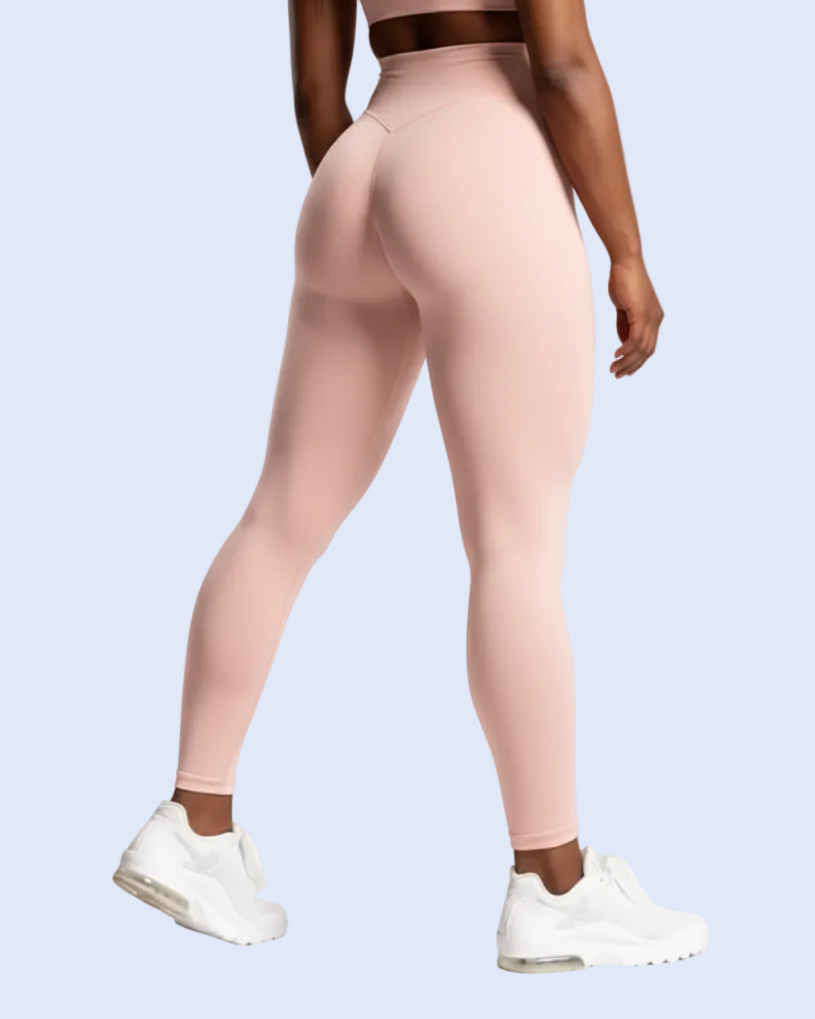 Activewear Pink scrunch leggings, back three-quarter view