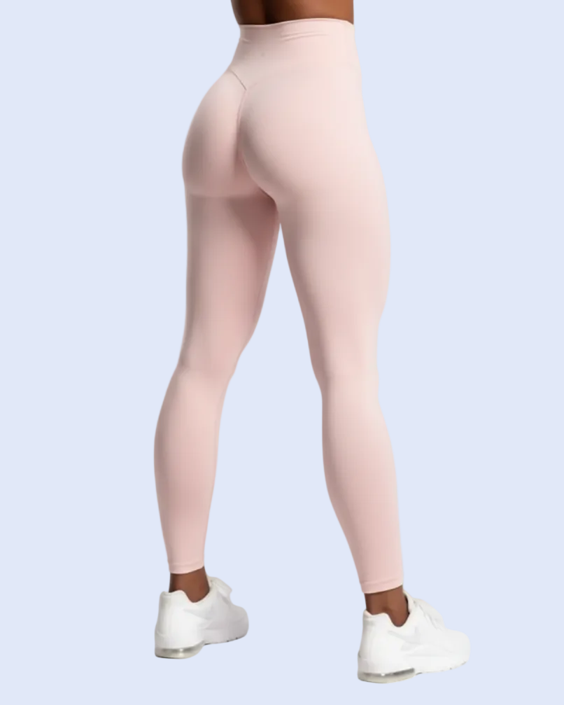 Activewear Pink scrunch leggings, back three-quarter view