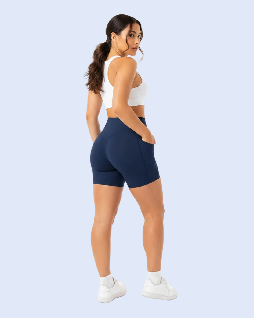 Navy Shorts — Curvy Athletic Model, Back Pose