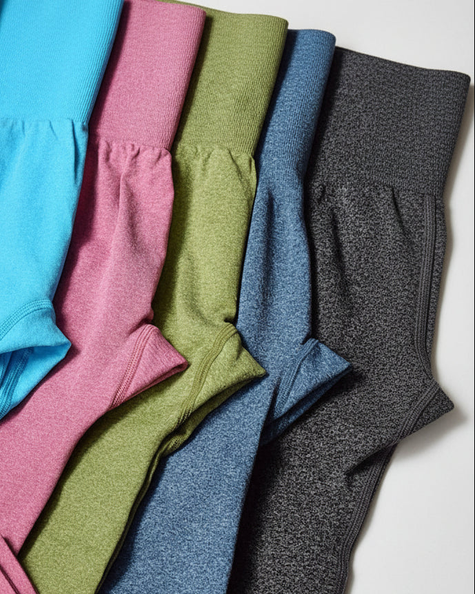 Five folded garments in blue, pink, green, blue, and gray on a light background