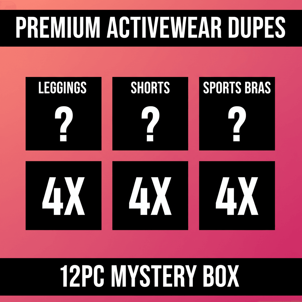 Promotional graphic for a 12-piece mystery box of premium activewear dupes with quantities indicated.
