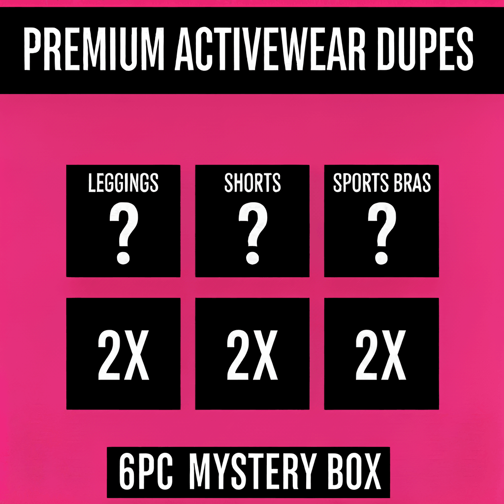 Promotional graphic for a 3-piece mystery box of premium activewear dupes on a pink background.