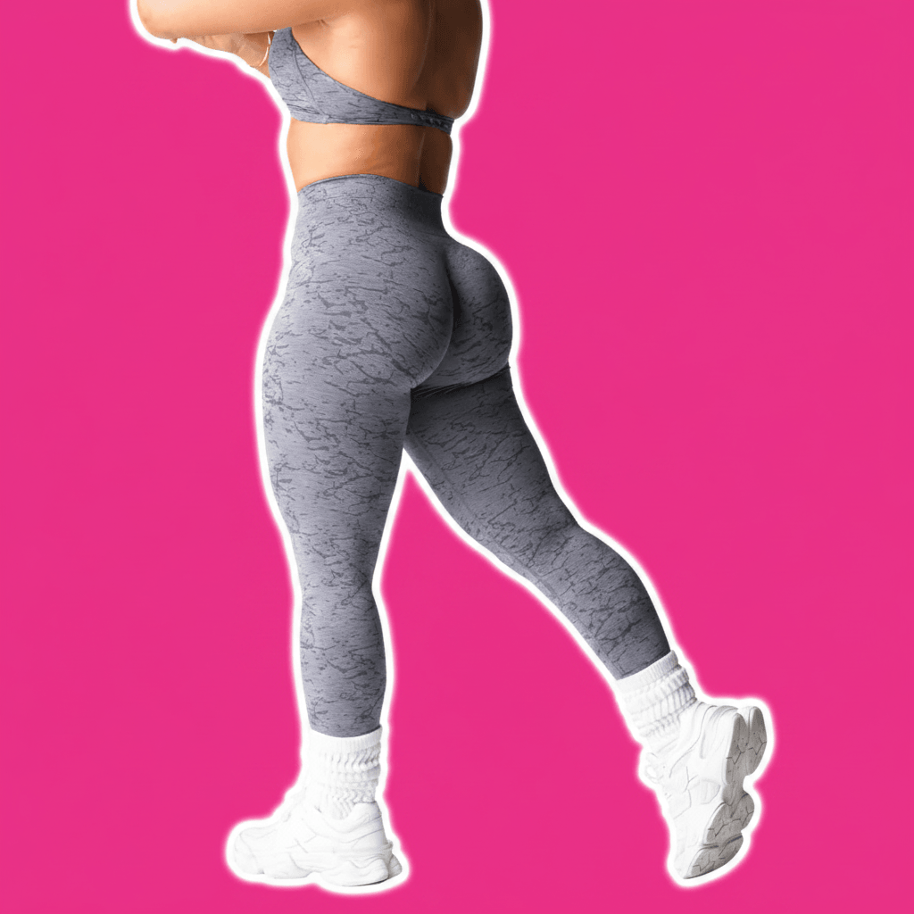 Premium Activewear - Grey Camo Leggings Pink Background