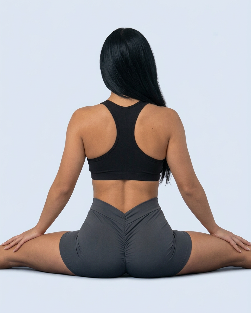 Rear-view wide split stretch in charcoal V-scrunch shorts