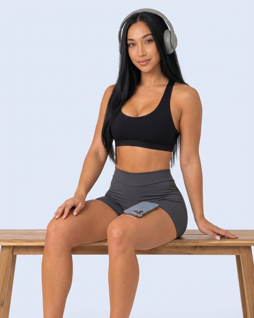 Seated activewear model with headphones and an iPhone on her thigh