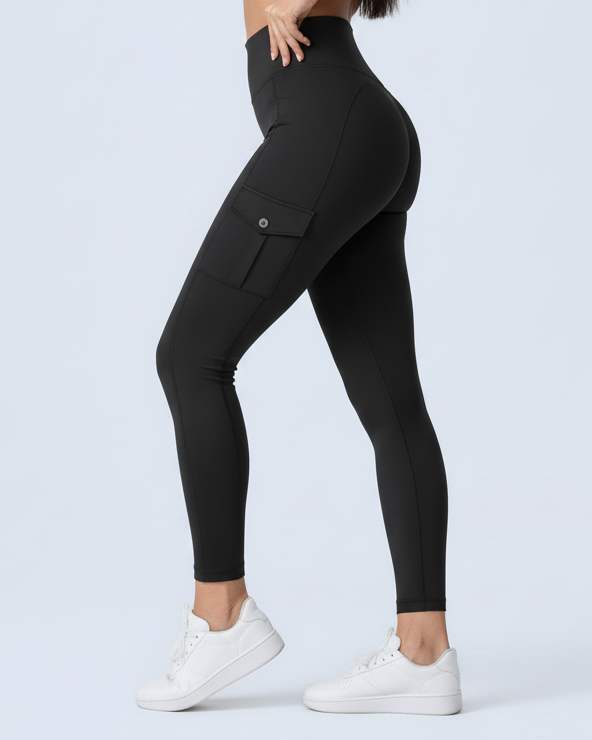 Side glute-pop pose in cargo-pocket leggings