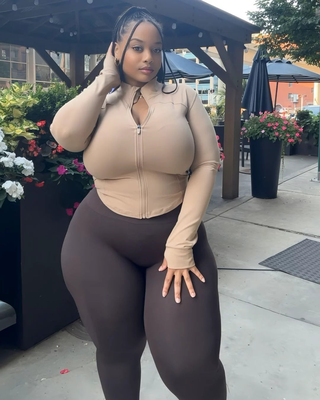 A plus-size woman posing outdoors under a wooden patio canopy, wearing a beige long-sleeve zip-up bodysuit with a keyhole neckline and dark brown leggings.