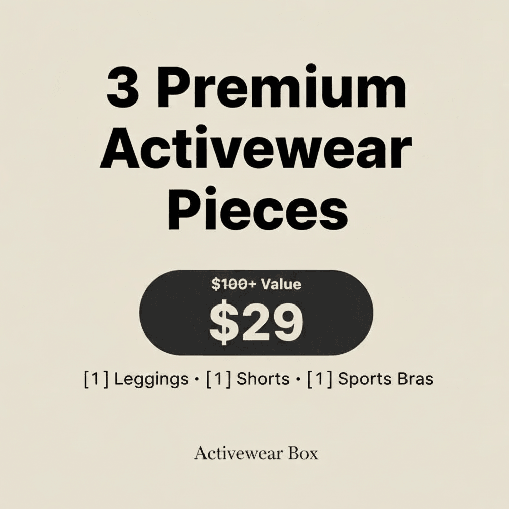 Promotional graphic for a activewear box with three premium pieces for $29.
