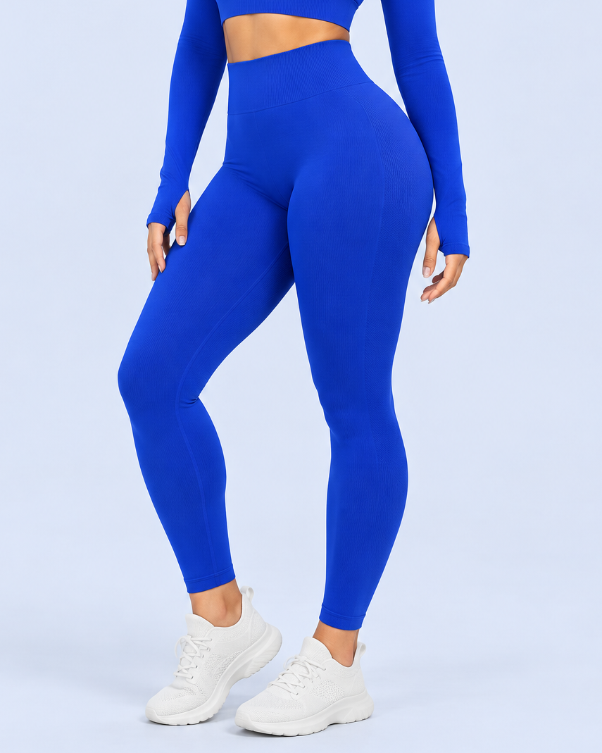 Three-quarter view in Electric Blue activewear