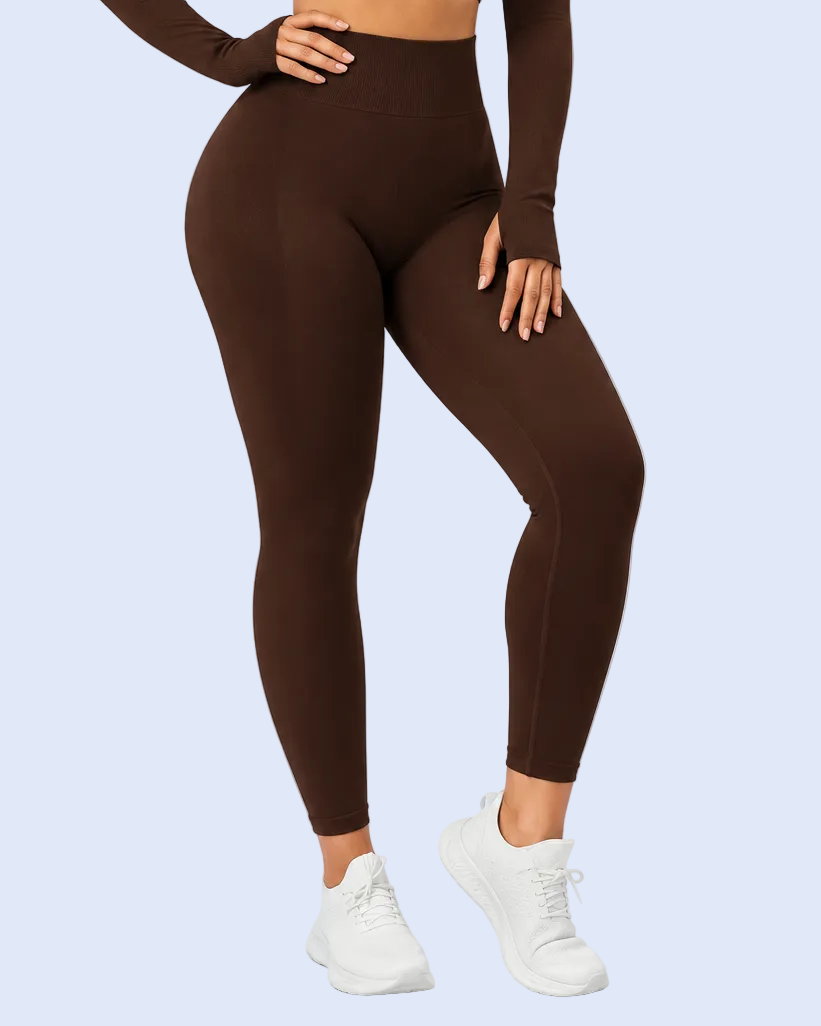 Three-quarter view in Espresso Brown activewear