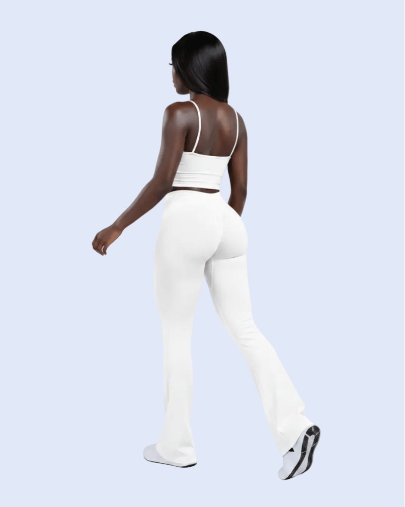 White Flare Leggings - Back 3/4 Walk