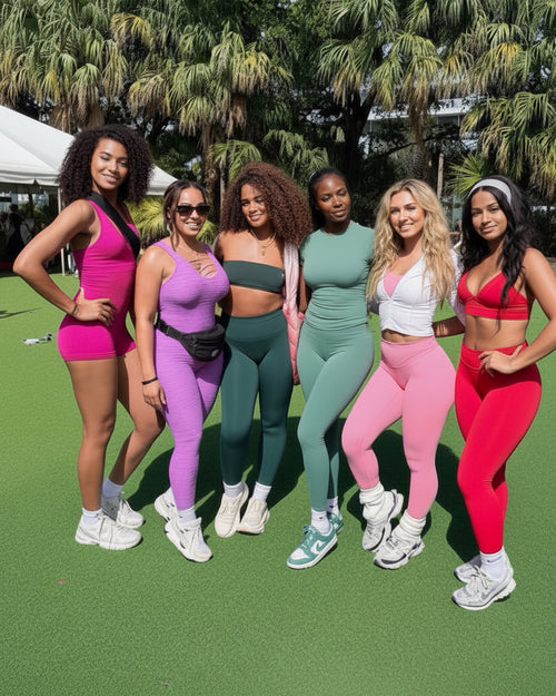 Six women posing together outdoors on a green turf field, wearing matching athletic sets in various vibrant colors including pink, purple, green, teal, white, and red.