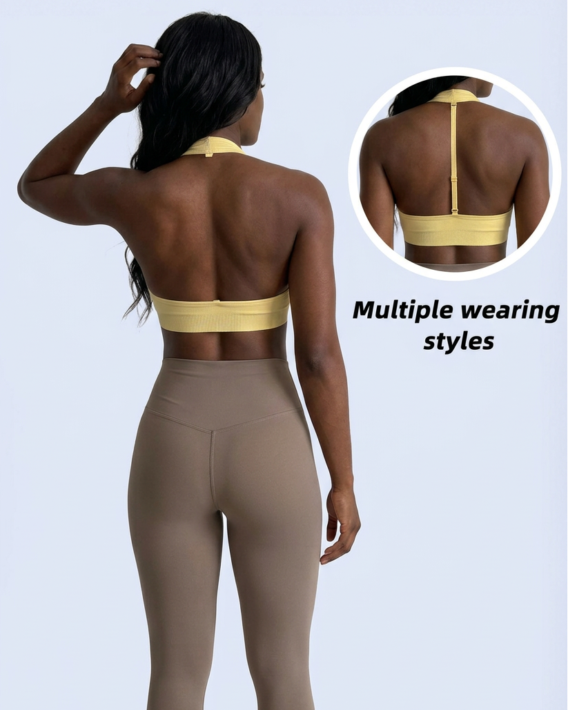 A woman shown from the back wearing a beige sports bra and matching leggings, with an inset close-up of the back straps of the sports bra and text reading 'Multiple wearing styles' on a light blue background.