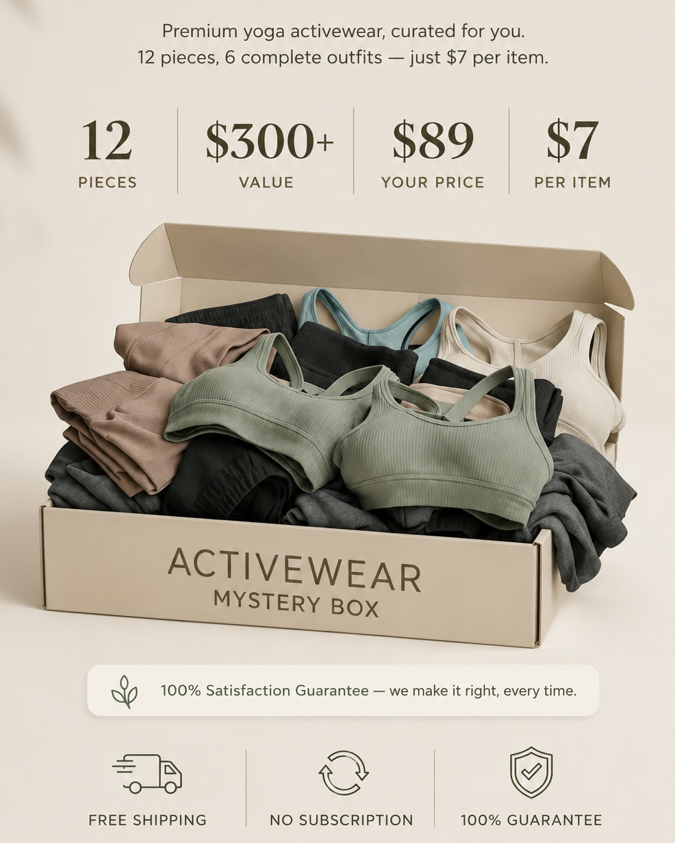 An open beige box labeled 'ACTIVEWEAR MYSTERY BOX' filled with folded activewear pieces, including ribbed sports bras in sage green, black, white, and light blue. The image includes marketing text at the top and bottom, such as '12 PIECES', '$300+ VALUE', '$89', '$7', and feature icons for free shipping, no subscription, and 100% guarantee.